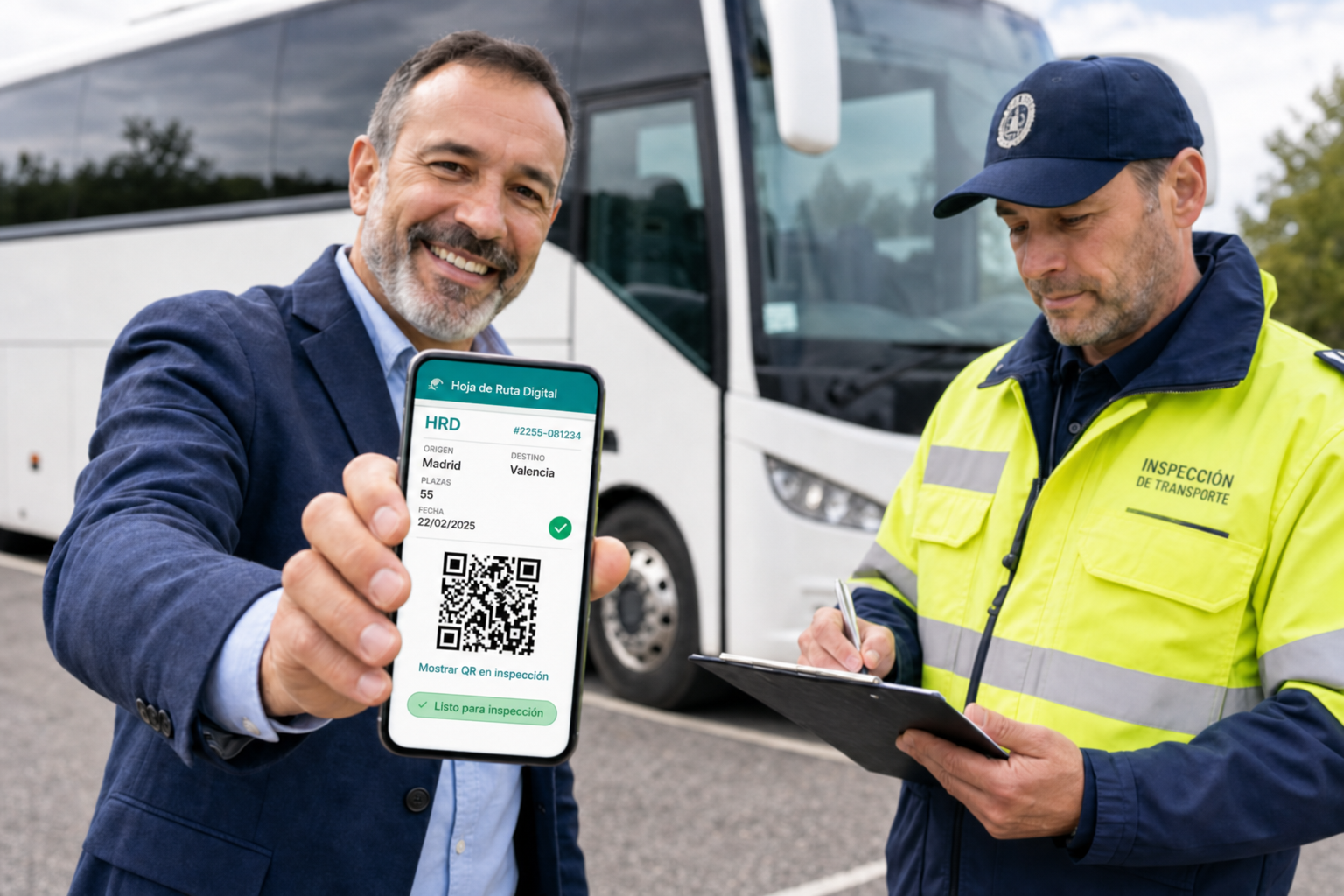 Conductor de autocar mostrando la hoja de ruta digital con QR en el smartphone durante una inspección en carretera.